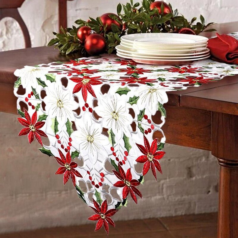 Camino de mesa bordado de Navidad, de lujo, acebo, Poinsettia, para decoraciones navideñas, 15x70 pulgadas