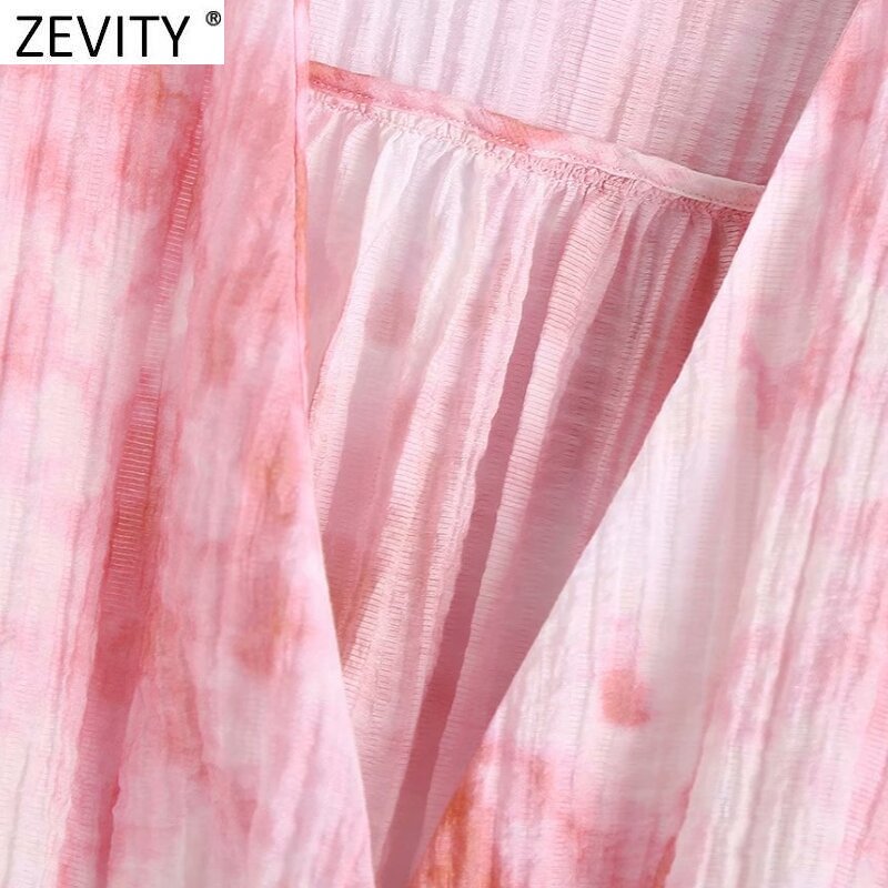 Zevity新女性ヴィンテージvネックピンク縛ら染色印刷ショートスモックブラウス女性着物シャツシックなスリムblusas作物LS9281トップス