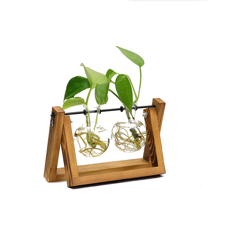 Przezroczyste szkło Bonsai roślina hydroponiczna drewniana rama kreatywny wazon blat domu wazon dekoracyjny Terrarium stojaki na rośliny