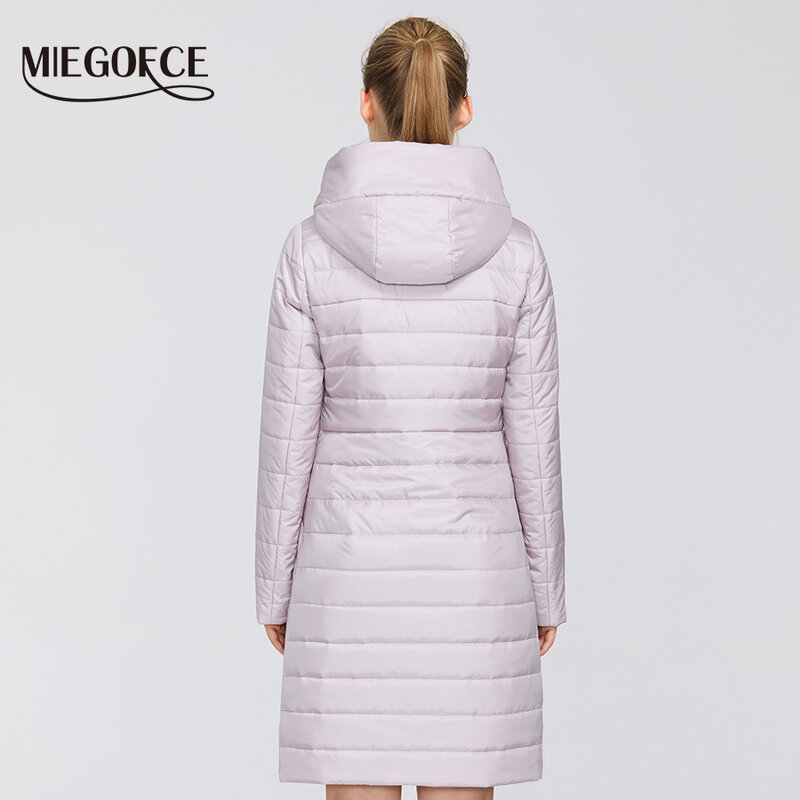Miegofce 2021 designer womens algodão jaqueta com zíper e meados de comprimento resistente com capuz colarinho feminino capa de chuva à prova de vento