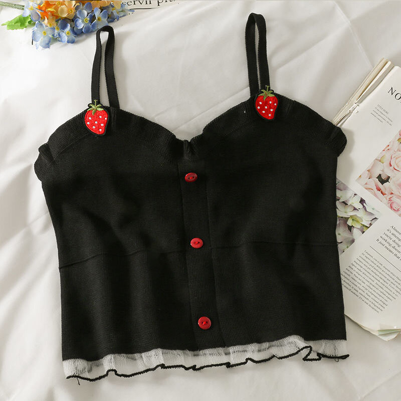Camisolas tejidas de estilo Lolita para mujer, blusas sin mangas con volantes de malla, bordadas con fresas, blusas Harajuku Y2k