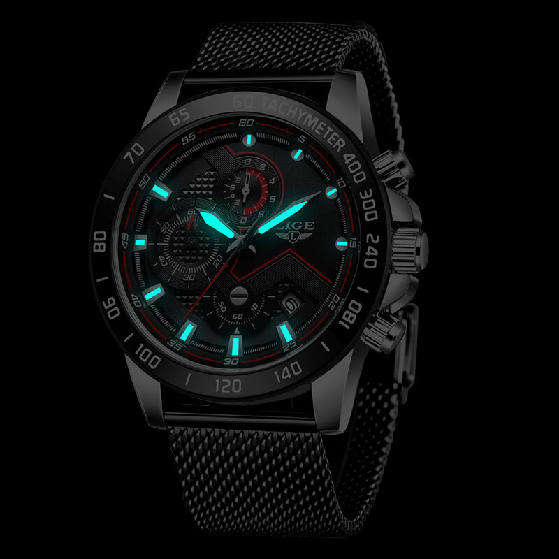 LIGE – montre en acier inoxydable pour hommes, horloge de Sport, marque de luxe, à Quartz, bracelet en maille, étanche