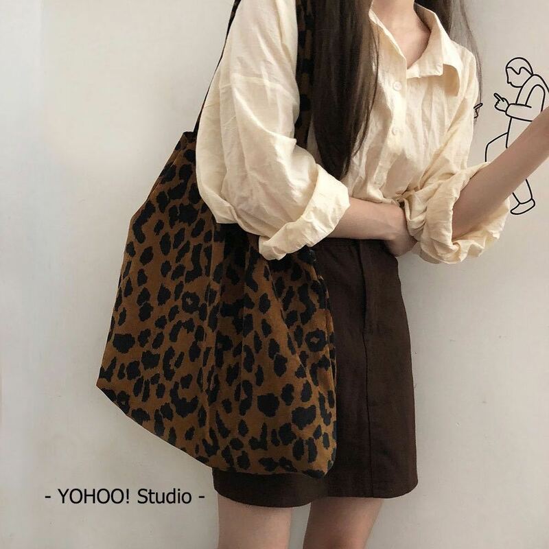 Ins-Bolso de compras con estampado de leopardo para mujer, bolsa elegante de pana Coreana de un hombro con estampado de leopardo, para Otoño e Invierno