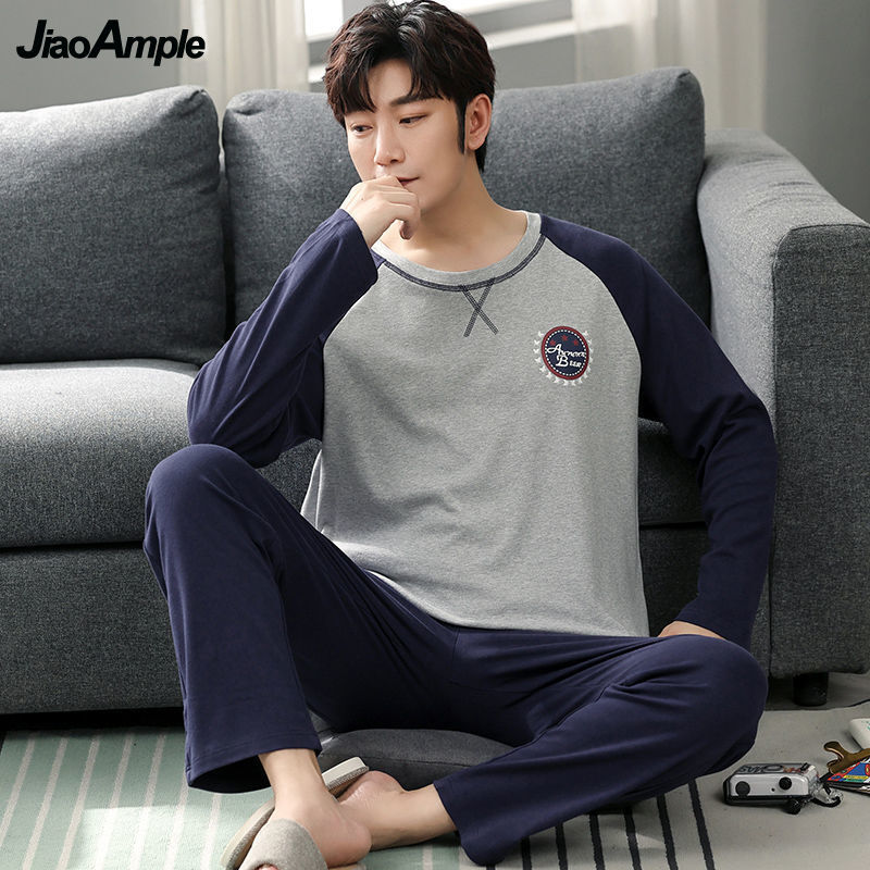Pijamas de algodón de manga larga para hombre, ropa de dormir de dos piezas, suelta, para el hogar, otoño e invierno, 2021