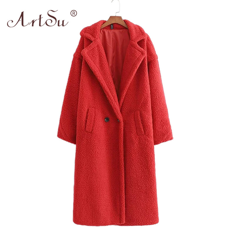 ArtSu-따뜻하고 긴 소매 양털 루즈핏 테디 베어 롱 코트 여성용, 12 가지 색상, 패션, 크리스마스 모피, 겨울
