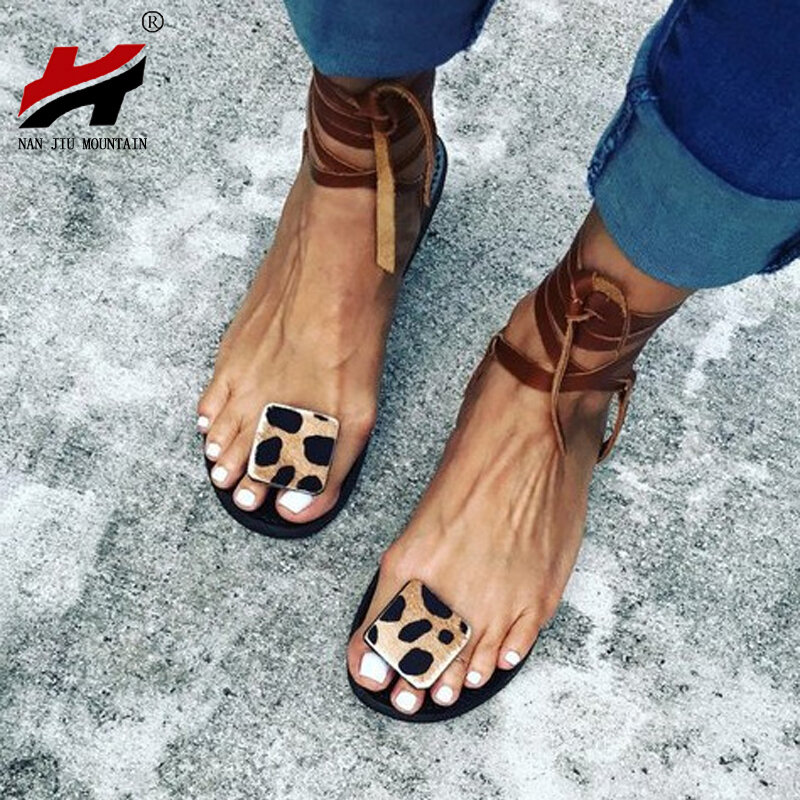NAN la montaña de 2020 de verano Correa sandalias de mujer pisos punta abierta leopardo zapatos casuales zapatos de Roma de talla grande 35-43