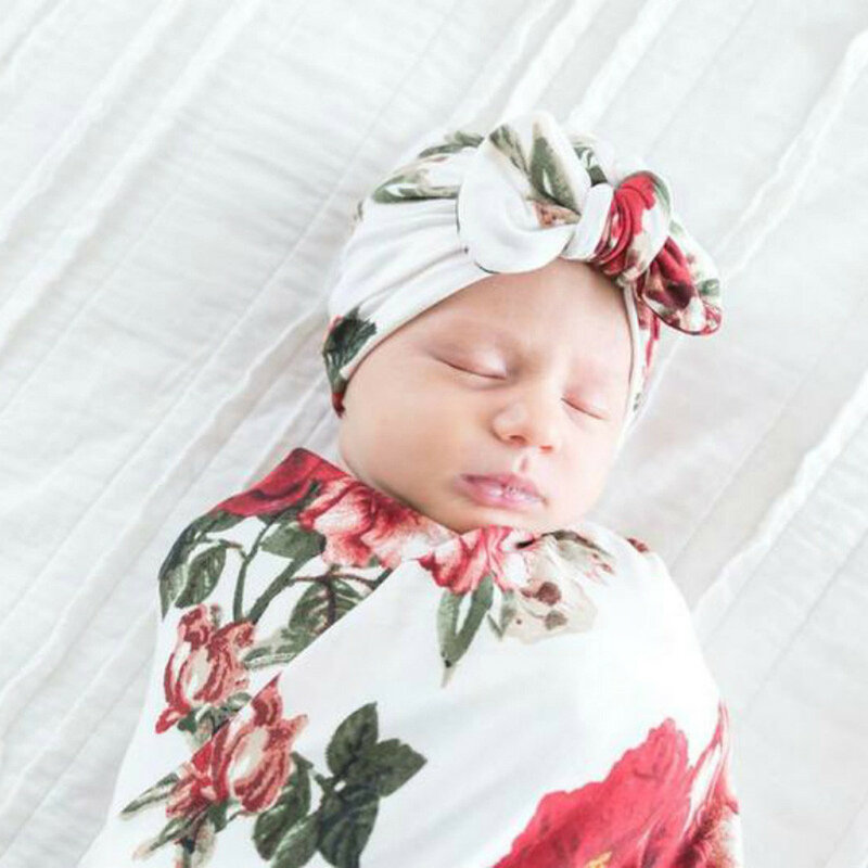 2PCS Newborn Photography Prop Baby Blankets Newborn Infant Baby Floral Swaddle Turban Hat Soft Sleeping Blanket Wrap+Headband