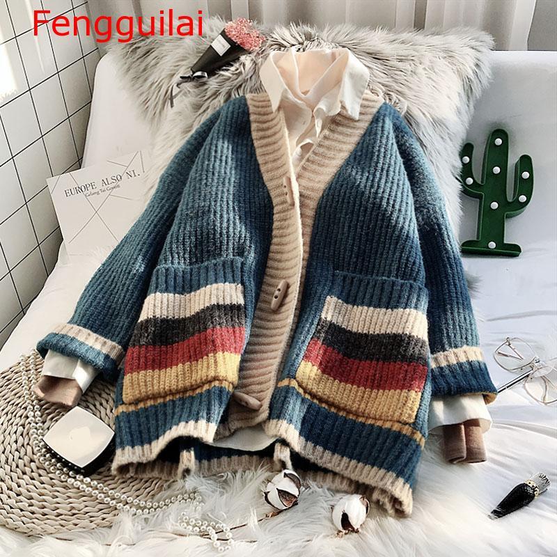 2020 winter new women sweater and cardigan pocket knitted v-neck thicken warm lady female casual outwear coat tops