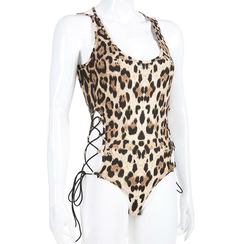 Estampado de leopardo Slim Mujer Sexy sin mangas de moda hueco Casual tocando fondo otoño mono mamelucos Bodis de Mujer 2020