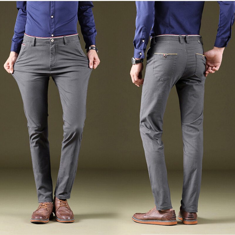 Celana Kasual Pria Musim Semi Musim Gugur Celana Panjang Katun Melar Nyaman Celana Jeans Lurus Elastis Celana Panjang Pakaian Pria Streetwear Pria