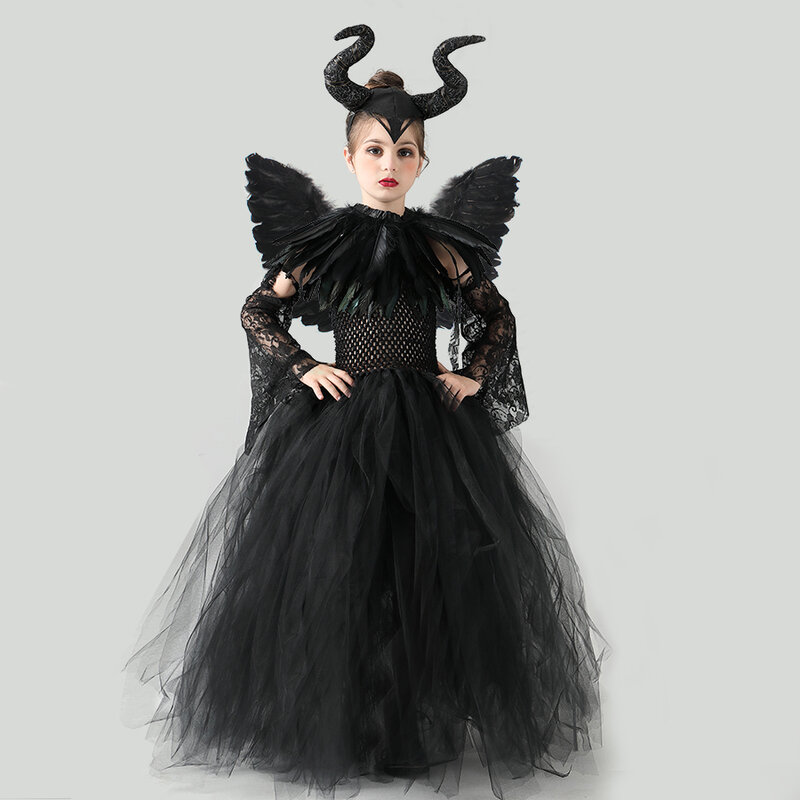 Girls Halloween Evil Witch Black Gown Tutu Dress with Feather Shawl Victorian Kids Dark Queen Villain Cosplay Fancy Costume