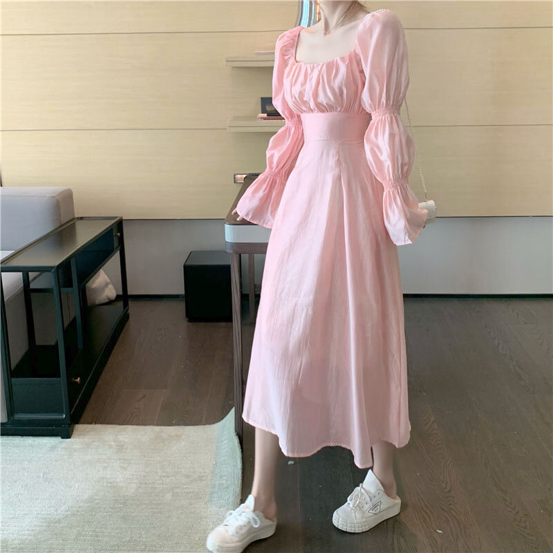 2021 outono nova moda coreana vestido feminino francês elegante e doce gola quadrada fada midi vestidos de férias festa praia vestido