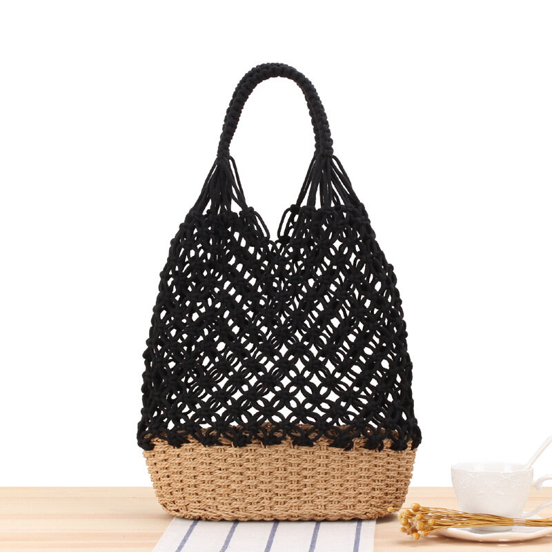 Bolso de playa de paja de malla tejida hecha a mano, para verano, estilo silvestre