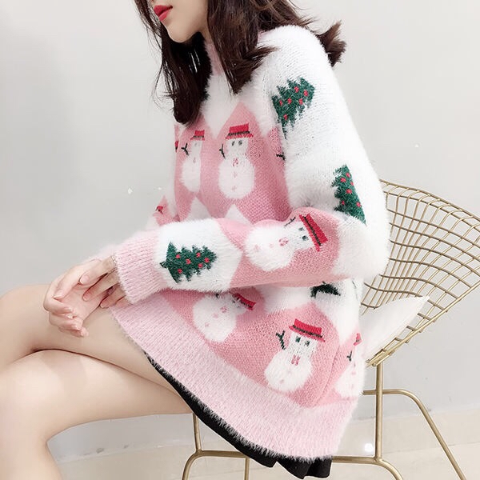 Baru Musim Dingin Natal Manusia Salju Cetak Wanita Sweater Pullover Atasan Kasual Lengan Panjang Rajutan Sweater Wanita Pakaian