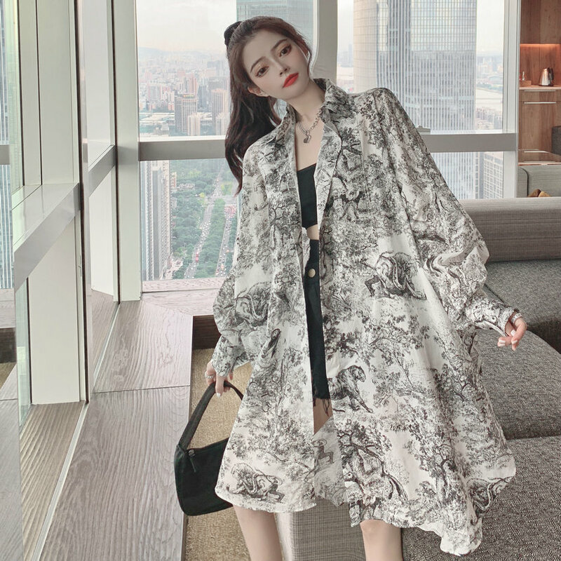 Coreano feminino impressão completa oversize boyfreind estilo camisa moda preto branco scribble padrão solto encaixe longo topo 2021 primavera