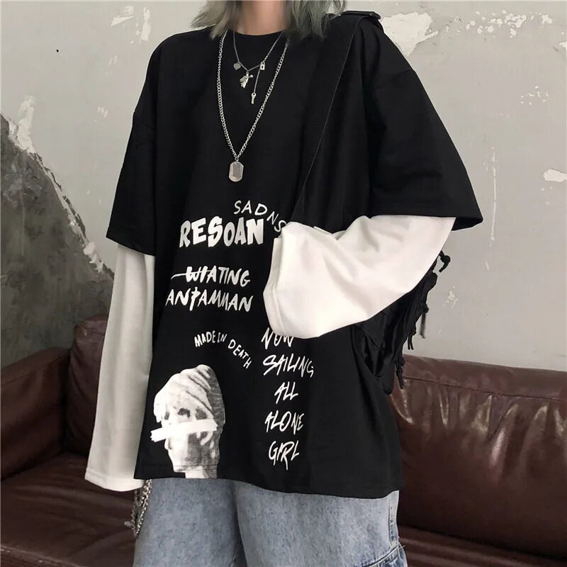 Harajuku coreano preto branco listrado hip hop t-shirts das mulheres dos homens outono algodão falso de duas peças manga longa solta tshirt feminino