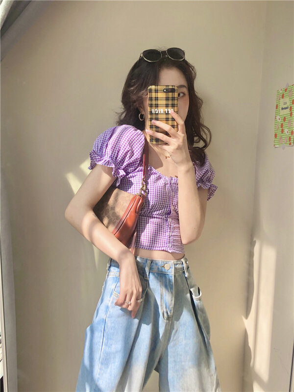 한국어 스타일 격자 무늬 퍼프 슬리브 보라색 셔츠 디자인 여성 스퀘어 칼라 프랑스어 스타일 자르기 가기 어린 소녀 블라우스 패션 여름