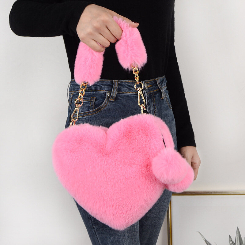 Cute Heart Shape Faux Fur Handbag Winter Female Soft Warm Plush Shoulder Bag Metal Chain Mini Coin Purse Ladies Crossbody Bag