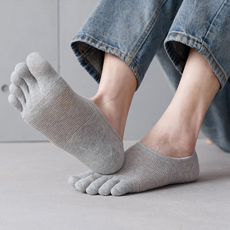 Homem mulher chinelo toe meias malha oco sem mostrar meias de absorção de suor barco meia tornozelo meias curtas respirável cinco dedo meias