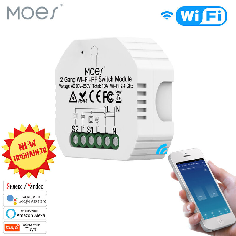 Moes 2 Gang DIY Smart WiFi RF433 Switch Module Smart Life/Tuya APP RF Remote Control,Works with Alexa Google Home 1/2 Way