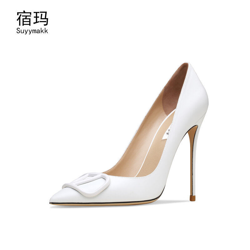 Zapatos de tacón alto clásicos de piel de oveja para mujer, Stilettos sexys con punta en V y botón de Metal para boda, 6/8cm, 2021
