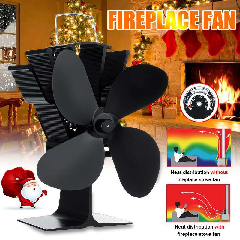 4 Blades Fireplace Fan Wood Burning Real Hot Power Fireplace Small Fan Black Energy Saving Thermal Power Fireplace Fan Christmas