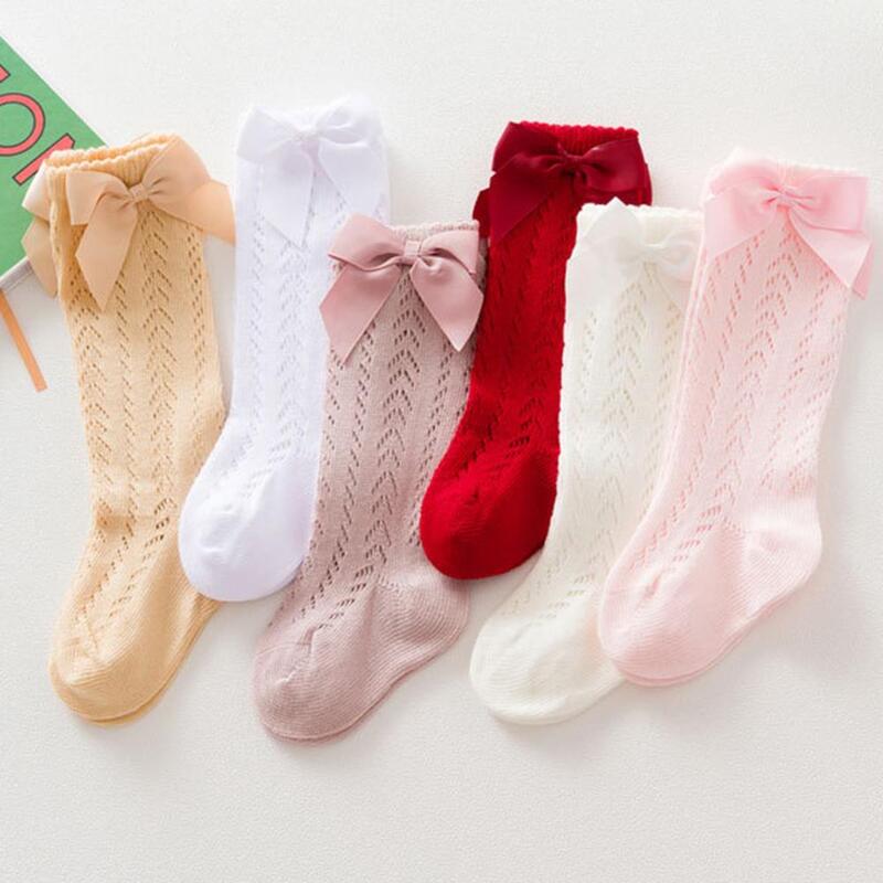 Chaussettes en coton pur pour bébés filles, 1 paire, tissage uni, antidérapantes, à nœud haut