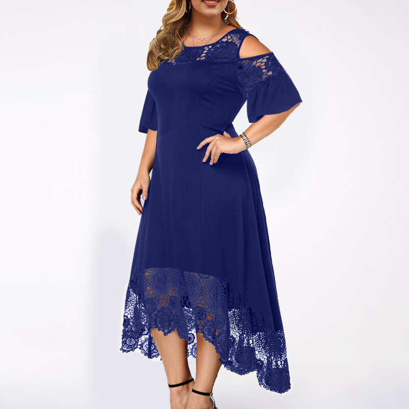 Plus Size Women Sexy Ruffle Strapless Splicing  Lace Splicing Short Sleeve Dress Club Night Outfits Long Dress Ladies Elegant