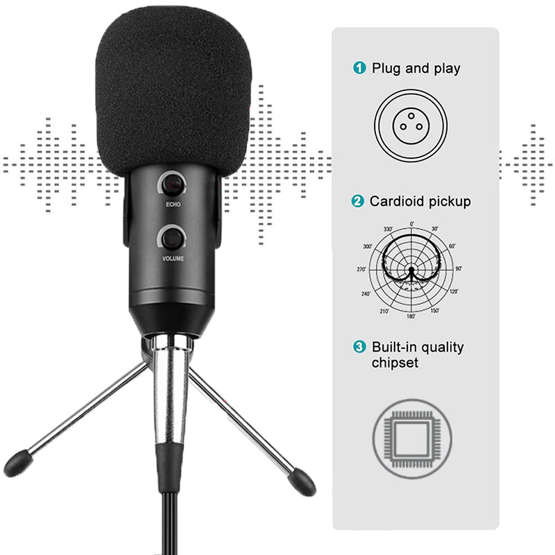 Microphone à condensateur pour ordinateur avec câble Audio 3.5mm, micro cardioïde de Studio avec support trépied et adaptateur Audio USB F100TL