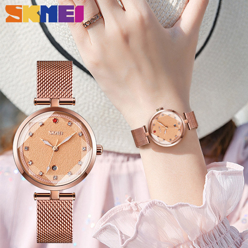 Skmei relógio feminino elegante, relógio de pulso com três dimensional vidro luminoso de quartzo, para meninas, pulseira de malha montre femme 9215