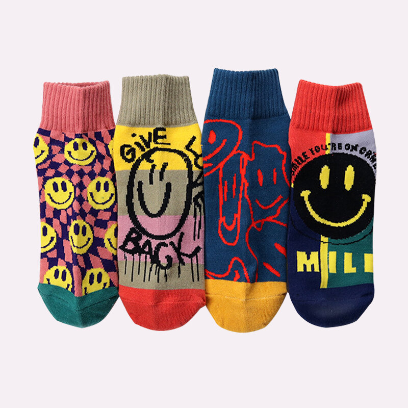 Calcetines de algodón con dibujos animados para hombre y mujer, calcetín corto, divertido, Kawaii, con cara sonriente, Unisex