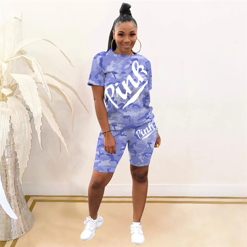 Camouflage 2021 Sporty Casual Two Piece Set Summer New Tracksuits Pink Letter Print Outfits 3XL Tops+Biker Shorts Jogger Suits