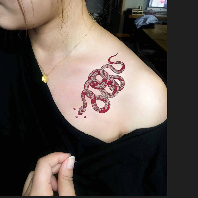 Pegatina de tatuaje de serpiente rosa de gran tamaño, calcomanías impermeables de moda de larga duración, arte corporal, pierna, cintura, tatuaje falso temporal, 1 ud.