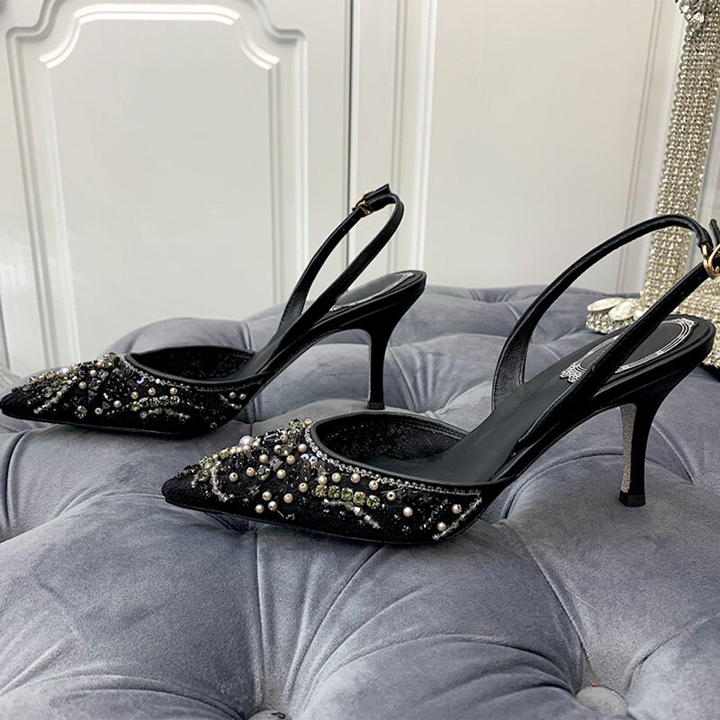 High Heels Women 2021 Crystal Inlaid Lace Pointed Toe Ladies Slingback Wedding Shoes High Heels Super Flash Luxury 34-42S