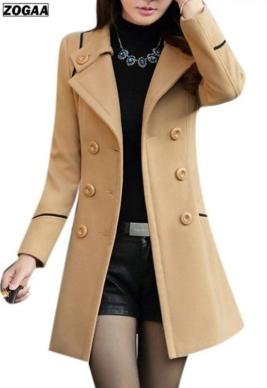 Zogaa casaco de lã feminino longo, moda primavera e inverno, roupas quentes, slim fit, sobretudo de lã sólido feminino