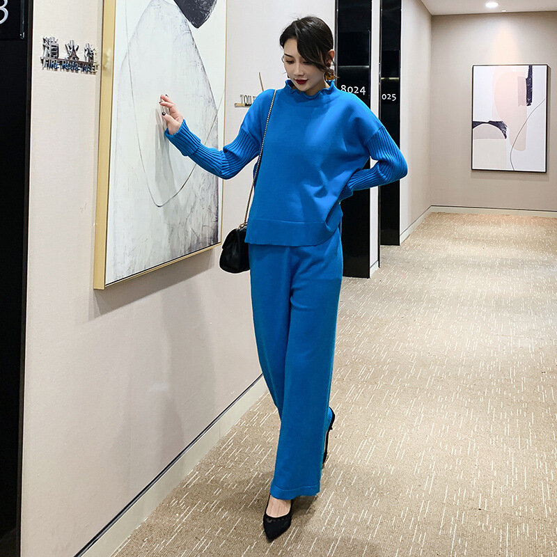 Suéter de punto para mujer, pantalones de pierna ancha elegantes, de alta calidad, color azul, otoño e invierno, dos piezas, nuevo, 2022
