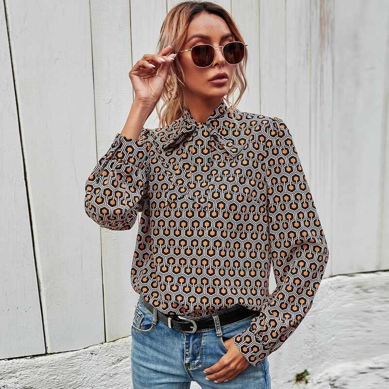 DUYIT Temperament Shirt With Bowknot Autumn New Printed Long-Sleeved Half-High Collar With Women's Commuter Top