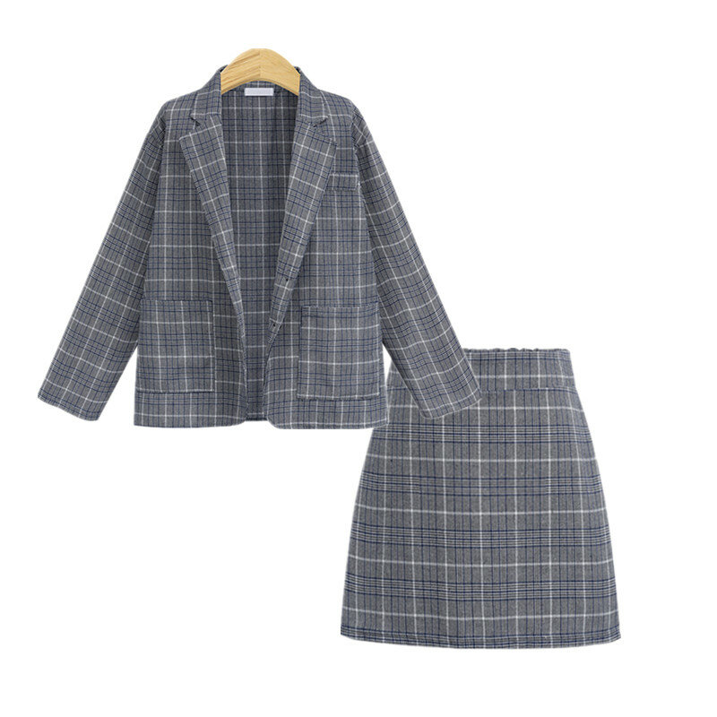 Musim Semi Musim Gugur Blazer dan Set Rok Panjang Single Breasted Kasual Plaid Blazer + A Line Skirt Seluar Panjang Rok Suit 2019 dua Piece Wanita