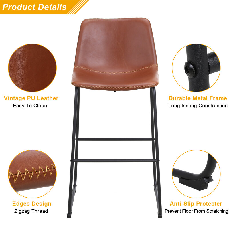 2pcs Wrought Iron Bar Stools Dark Brown PU Steel High Backrest Chair Simple Nordic Home Commercial Furniture Kitchen Counter