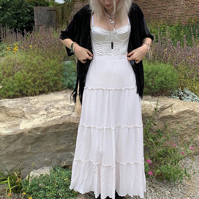 Hirigin-Falda larga plisada para mujer, falda larga de cintura alta con volantes blancos, Fairycore Retro Grunge de fondo, elegante