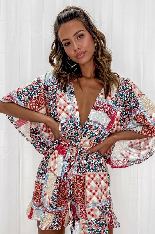 Sexy decote em v floral impressão plissado playsuits 2021 primavera verão feminino casual manga curta rendas até botão praia boho macacão