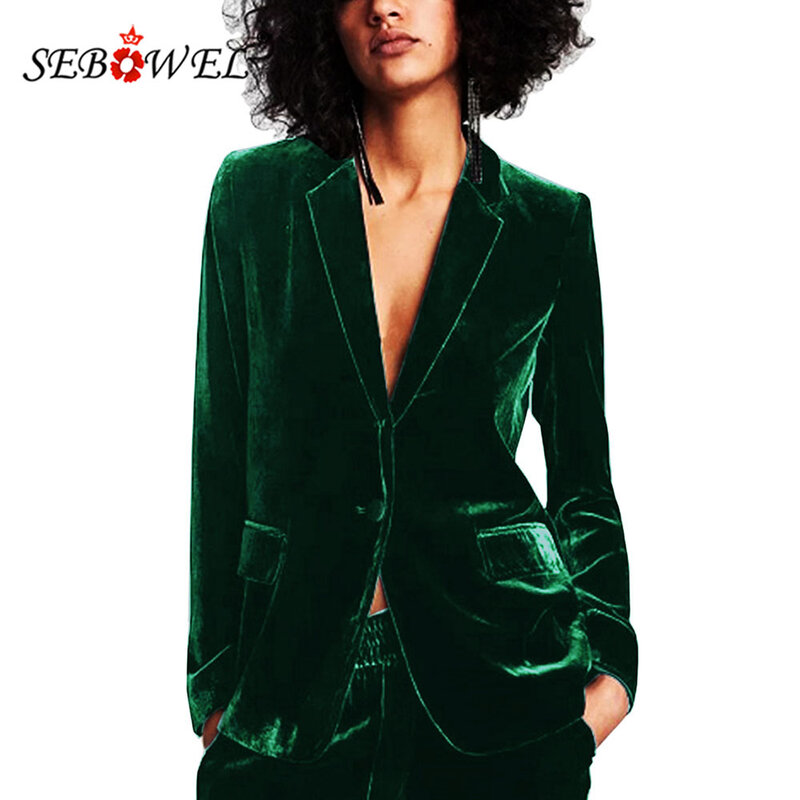 Sebowel jaqueta blazer de veludo verde escuro feminino elegante senhoras casaco feminino fino casual lapela escritório negócios blazers S-XXL