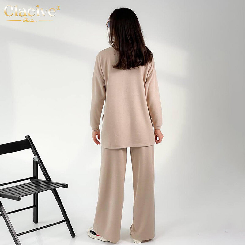 Clacive-Conjunto de 2 piezas formado por Top y Pantalón ancho para mujer, traje holgado y elegante con cuello alto, ropa para el hogar