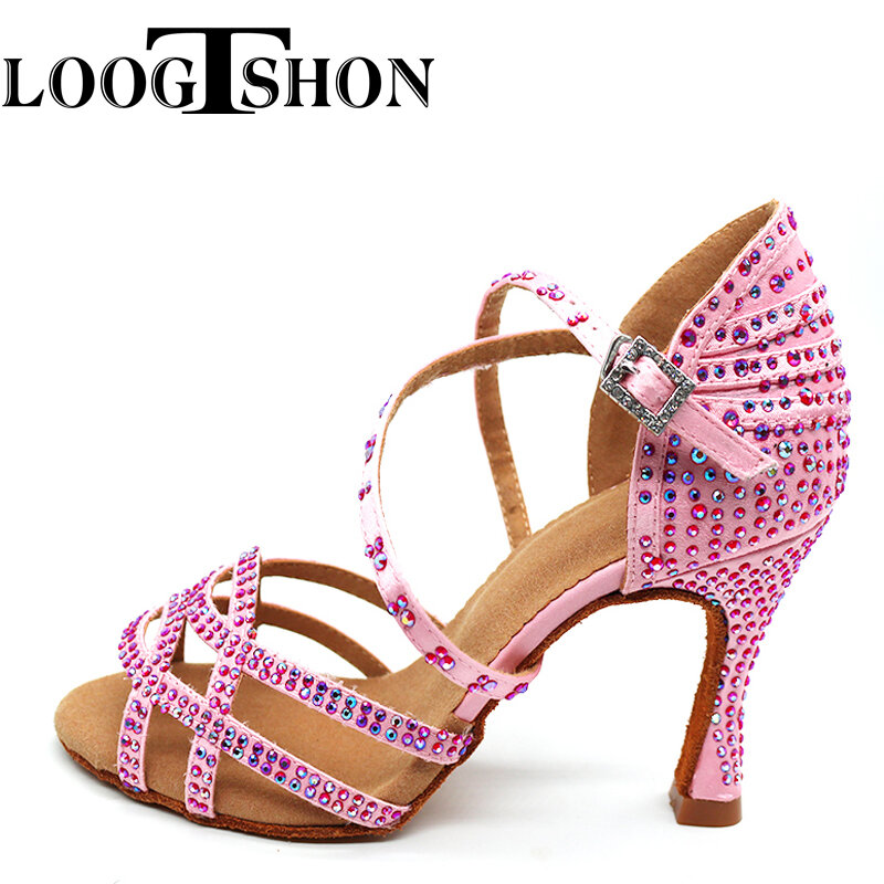 Loogtshon2019 nuevos zapatos de baile latino, zapatos de baile latino de salón, zapatos de salón con diamantes de imitación rosas, zapatos de latce