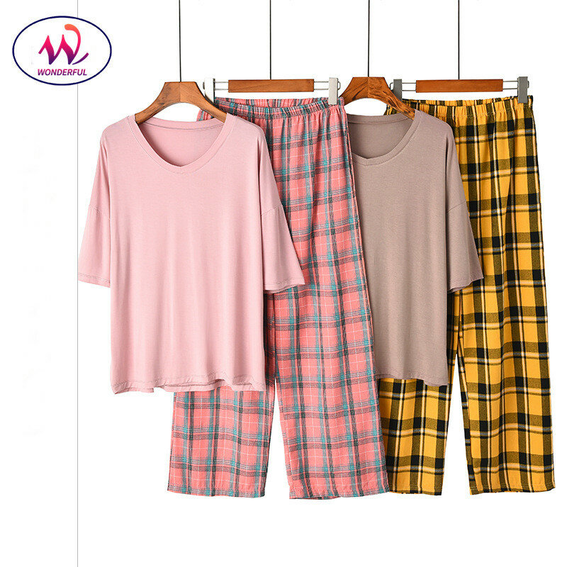 2ピースモーダルチェック柄女性のワンサイズホーム服の女性のパジャマセット女性ホームウェアスーツ秋女性パジャマ