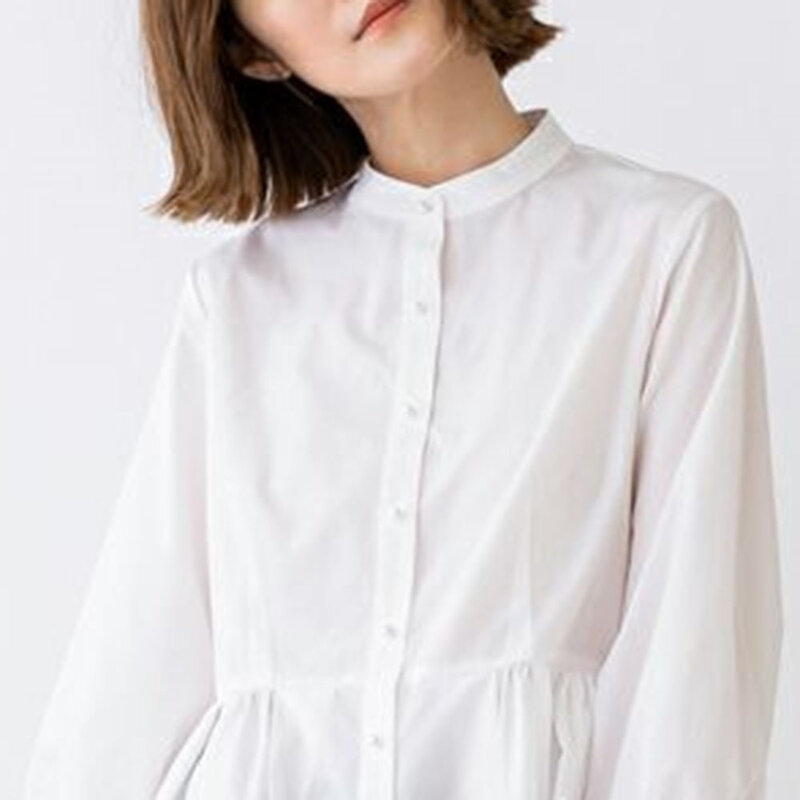 Blusa informal de manga larga con botones y perlas para otoño, camisa de oficina sencilla para mujer, 2021