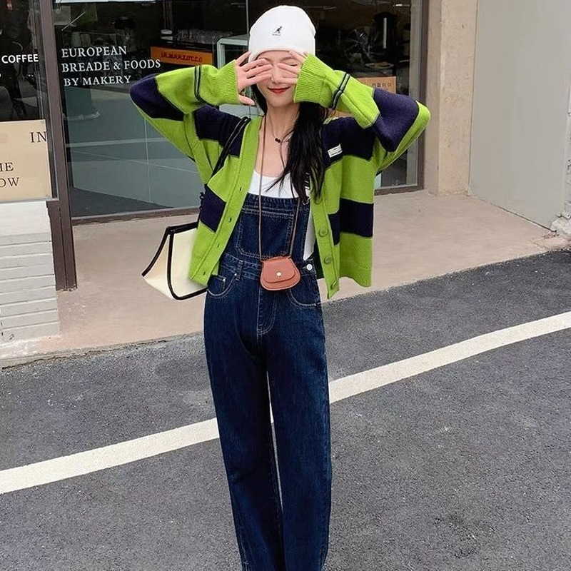 Deeptown Korean Style Striped Green Oversize Sweater Cardigan Women Harajuku Streetwear V-neck  Long Sleeve Jumper Female Tops