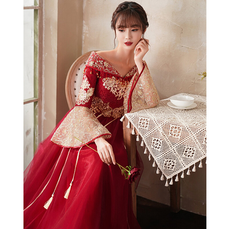 Chińska damska suknia ślubna wino czerwono-lato cienki stylowy (wsparcie dostosowane)