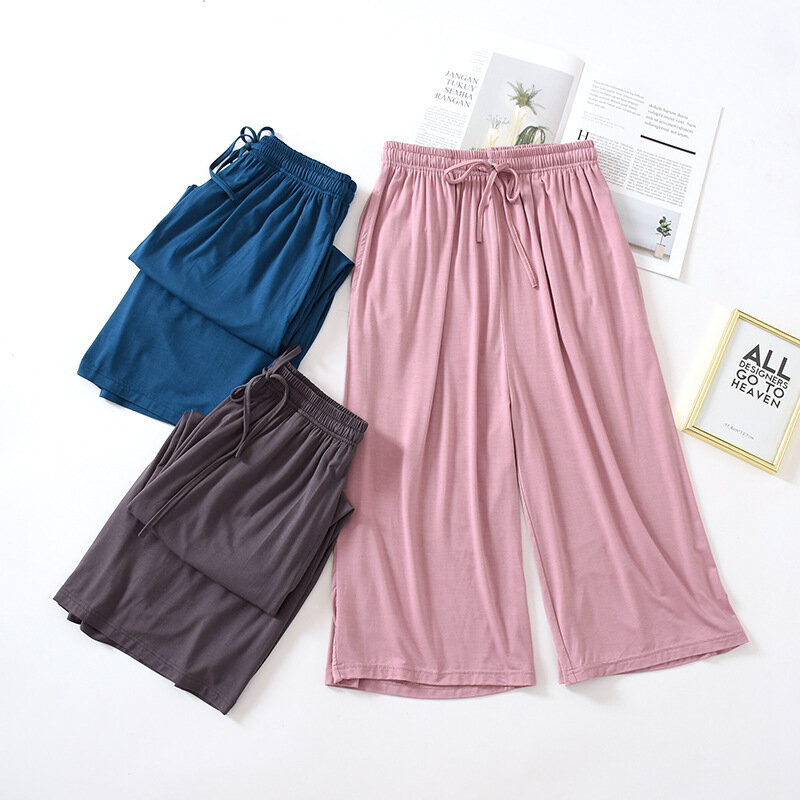 Celana Crop Longgar Gaya Jepang Musim Panas Celana Pendek Tipis Modal Wanita Celana Rumah Ukuran Besar Kaki Lebar Warna Solid Celana Bawahan Wanita