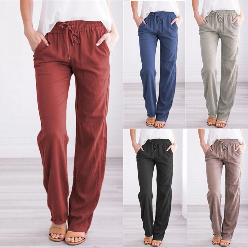 Брюки женские с широкими штанинами, свободные хлопково-льняные штаны на шнуровке, длинные с карманами, WDC4496, на лето